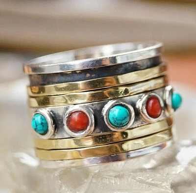 Extrem Breit Massiv 925er Silber Dreh-Ring Spinring 65 Türkis Koralle Messing - Bild 1 von 4