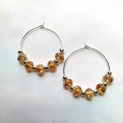 Серьги-кольца ручной работы из розового граненого стекла с бисером серебристые богемный шик - Изображение 1 из 4