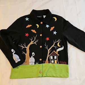 Onque Casuals Halloween Cat Fall Cardigan Black Pumpkin Buttons Women's S - Picture 1 of 3