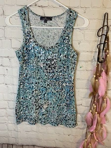 Women’s Lined Tank Top Multicolor Print Scoop Neck Beads Sequin Large - Picture 1 of 6