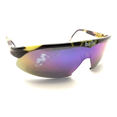 Bolle Black Yellow Oversized Shield Half Rim Sunglasses Purple Lens France - Image 1 of 4