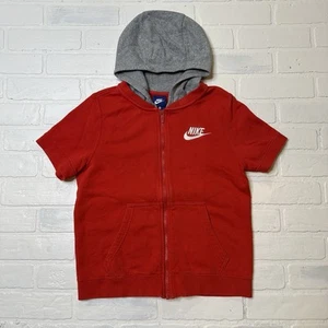 Nike Hoodie Boys Youth Size Medium Full Zip Short Sleeve Red Logo Swoosh - Picture 1 of 17