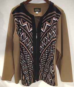 T3 NEU OHNE ETIKETT BOB MACKIE tragbare Kunst REISSVERSCHLUSS JACKE OBERTEIL 2X braun & schwarz geometrisch - Bild 1 von 8