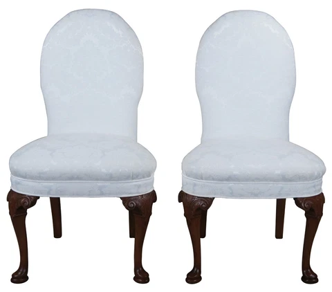 2 Antique Queen Anne Style Mahogany Carved Dining Side Chairs Silk Brocade Cover