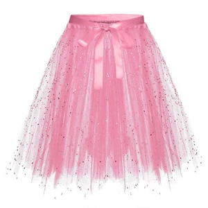 Loose Fit Women Skirt Pleated Shiny Sequin Mesh Multi-layered with Bow Decor - Picture 1 of 13