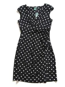 NWT LAUREN Ralph Lauren Black & Cream Polka Dot Surplice Jersey Dress 10 $134