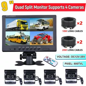 9" Quad Backup Camera Parking Split Monitor Rear View 20m 4Pin For Rv Truck Bus - Picture 1 of 12