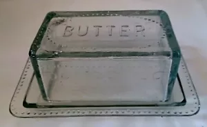 Vtg Mid Cent Glass Butter Dish & Lid w Raised Beaded Edge & BUTTER on top DAMAGE - Picture 1 of 5