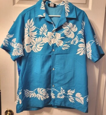 Vintage 80's Resort Line Hawaii Blue & White Poly Hawaiian L Shirt Made In USA - Image 1 of 4