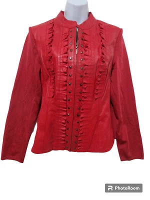 Sz M Women's Peter Nygard Red Leather/Knit Jacket Studded Ruffle Full Zip FLAW - Image 1 of 4