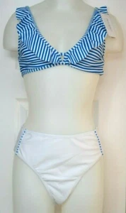Phurro Women's Ruffle V Neck Two Piece Swimsuit Stripe High Waist Bikini - Picture 1 of 9