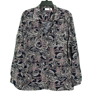 Kim Rogers Curvy 1X Button-Up Paisley Blouse Navy /White / Pink Long Sleeves NWT - Picture 1 of 7