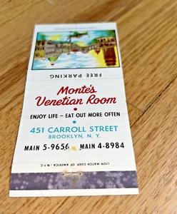 Vintage MONTE'S VENETIAN ROOM, 451 Carroll Street, BROOKLYN Matchbook Cover - Picture 1 of 4