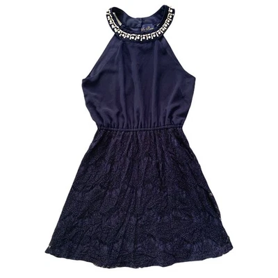 Mini Vestido Azul Lluvia Para Mujer Pequeño Perlas Azul Cuentas Encaje Ajuste y Acampanado Halter Foto 1 de 4