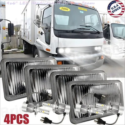 4PCS Black 4x6" GLASS LED Headlights Hi Lo Sealed fits GMC T6500 T7500 1997-2009 - Image 1 of 4