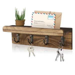 Rustic Key Holder for Wall, Farmhouse Wall Shelf with 4 Hooks, Wall Mounted K... - Picture 1 of 7