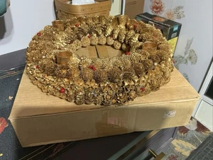 Vintage Advent Wreath Germany Christmas Gold Foliage Pine Cone 4 Holders NICE - Picture 1 of 5