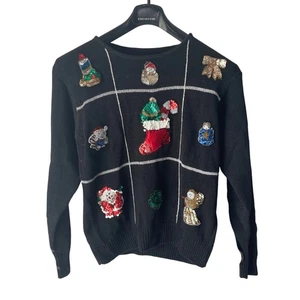Vintage Gladys Bagley schwarzer "ugly" Weihnachtspullover Pailletten & Perlen Damen L/XL - Bild 1 von 13