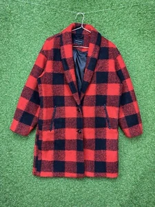 Lucky Brand Coat Womens Small Buffalo Check Plaid Red Black Jacket Long Fuzzy - Picture 1 of 9