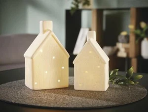 LED Deko Haus Porzellan matt weiß, 2er Set Frühlings Oster Leucht Dekoration - Bild 1 von 6