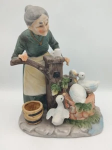 Lefton 5755 Old Woman Watering Geese Figurine - Bisque Porcelain - Picture 1 of 9