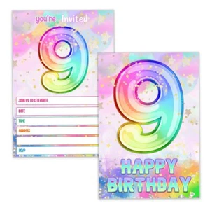 9th Birthday party Invitation Cards Rainbow Holographic invite with Envelopes... - Picture 1 of 5