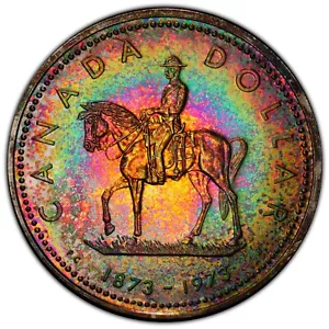 1973 Canada RCMP Proof Silver Dollar $1 PCGS SP68 Rainbow Toned Neon Color - Picture 1 of 5