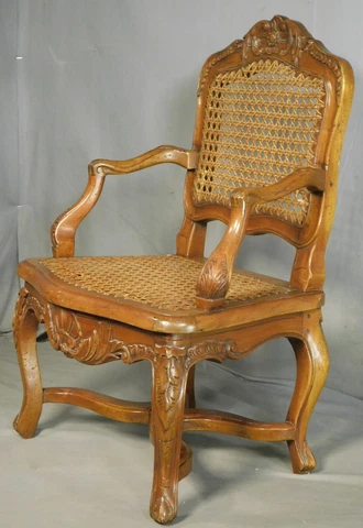 Antique Louis XV Carved Caned Child's Armchair Miniature 19th c. Vintage Pegged Cover