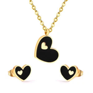 18k Gold Plated Black Heart Resin Pendant Set with Heart Earrings 3pc - Picture 1 of 5