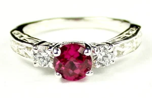 Created Ruby w/CZ Accents, 925 Sterling Silver Engagement Ring, SR254-Handmade - Picture 1 of 5