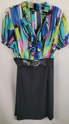 Vestido Vintage AGB Estampado Geométrico Top con Volantes Falda Negra Talla 16 Foto 1 de 4