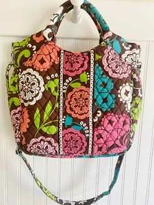 Vera Bradley Large Floral Lola Two-Way Tote Brown Quilted Cotton Crossbody - Picture 1 of 10