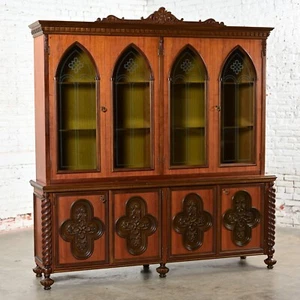 Italian Gothic Revival Bookcase or Display Cabinet Wood Glass & Plastic Accents - Picture 1 of 18