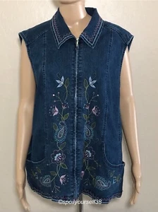 Alfred Dunner Women's Denim Full Zip Floral Embroidered Vest Sleeveless Size 22W - Picture 1 of 10