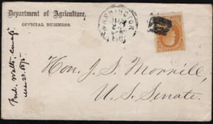 2c Agriculture Official Scott O2 on cover to Hon J.S. Morrill US Senate, 7 KNOWN - Picture 1 of 2