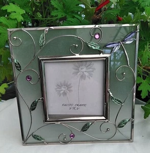 Free standing metal photo frame, 6" square, dragonfly, diamante & leaves scrolls - Picture 1 of 15