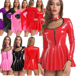 Damen Wetlook PVC Leder Minikleid Punk Glänzend Kleid Netz Langarm Outfits - Bild 1 von 84