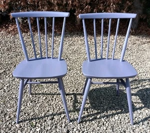 X2 1960'S ERCOL 737 SOLID ELM DINING CHAIRS IN BRASSICA FARROW&BALL - Picture 1 of 4