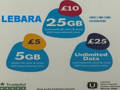 NEW LEBARA Mobile Pay As You Go Sim Card 4G Data Standard/Micro/Nano SEALED