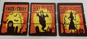 SET 3 DIVERSE TARGHETTE DECORAZIONE PARETE IN LEGNO (9" x 7") TEMA HALLOWEEN - Foto 1 di 6