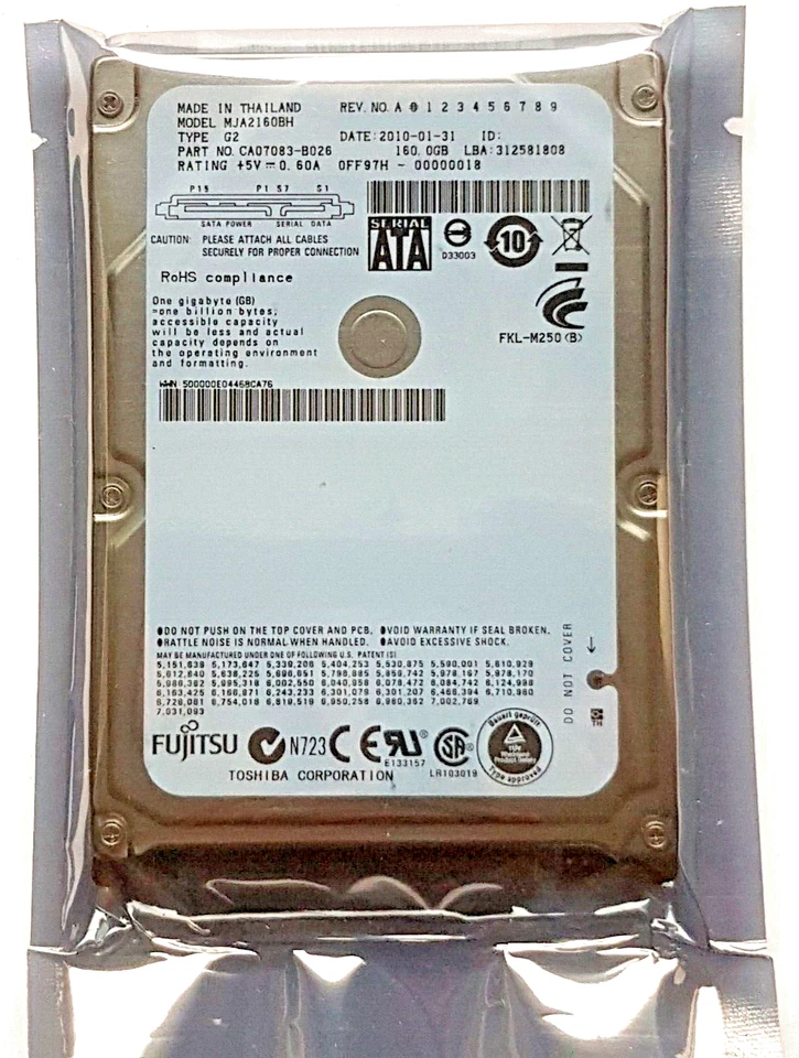 160 GB SATA Fujitsu MJA2160BH 5400rpm 8MB HDD 2.5" Internal Hard Drive New - Image 1 of 1