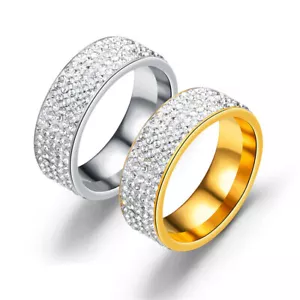 Men Women Stainless Steel Crystal Band Ring Gold Silver Wedding Band Ring SZ6-13 - Picture 1 of 16