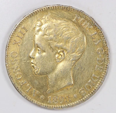1898 Spain 5 Pesetas Silver Coin (.900) Gold Plated SG-V - Image 1 of 4