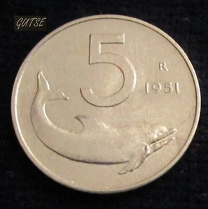 ITALY, 5 LIRAS 1951, DOLPHIN, UNCIRCULATED. - Picture 1 of 2