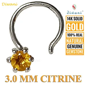 Diwani 3.0mm Natural Citrine 14k Gold Wedding Nose Body Piercing Ring Stud Pin - Picture 1 of 11