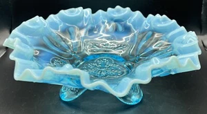 Vintage Jefferson Ruffled Blue Opalescent Glass Footed Bowl - Meander pattern - Picture 1 of 10
