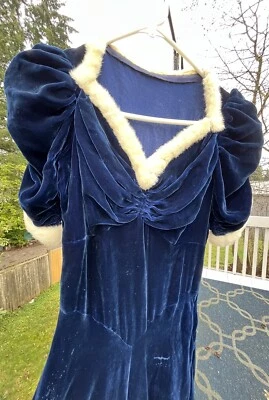 Vintage Velvet Dress Fur Trim 30s 40s Bias Cut Ruched XS Blue - Image 1 of 4