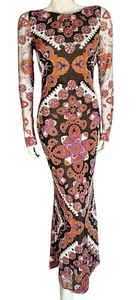 EMILIO PUCCI MAXI DRESS/PRINTED RED/PURPLE LACE BACK INSERT - SIZE XS IT40 - Picture 1 of 13