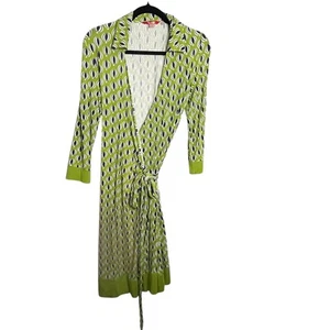 Boden Wickelkleid Damen 8 Grün Geo Print Bindeband Taille Langarm Midi Retro Style - Bild 1 von 10
