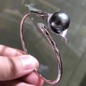 Pulsera abierta de perlas redondas de 10-11 mm negra natural real de Tahití AAAA S925 - Imagen 1 de 5